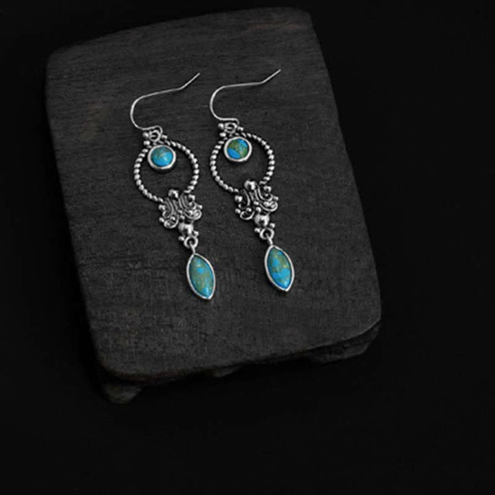 Orecchini pendenti a goccia con motivo a goccia turchese vintage in argento sterling 925 Buddha Stones