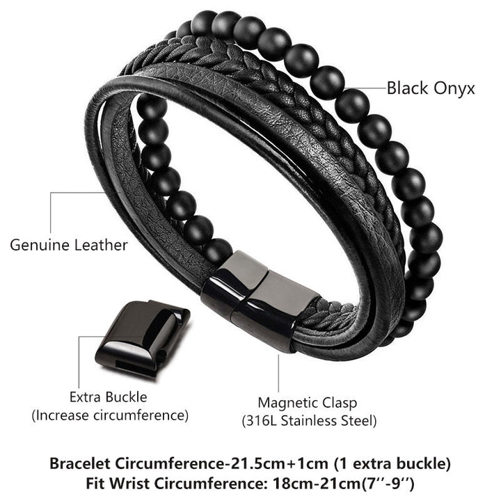 Bracciale in pelle con perline di onice nero e roccia lavica naturale Buddha Stones