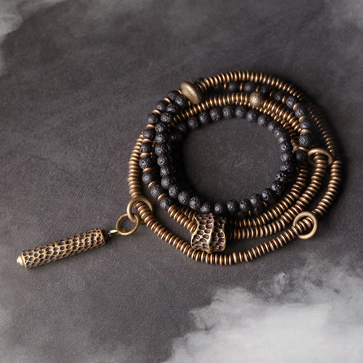 Braccialetto multistrato in pietra lavica vintage Buddha Stones Copper Healing