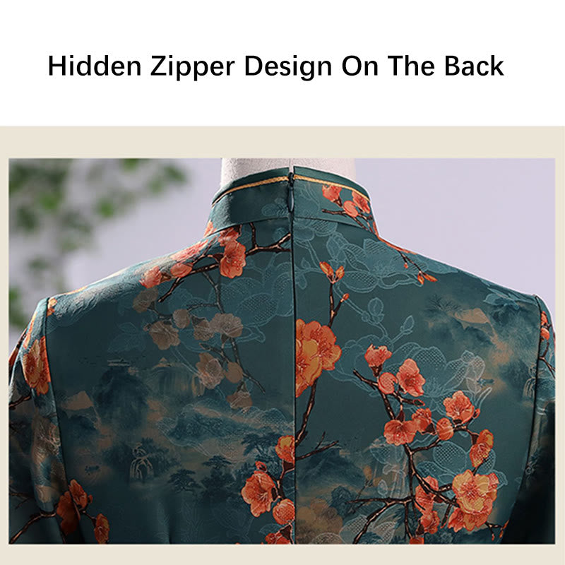 Abito da donna in cheongsam con stampa di piume di peonia e fiori di loto retrò Buddha Stones