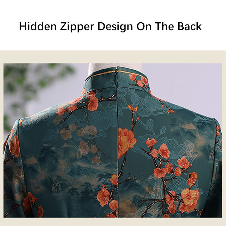 Abito da donna in cheongsam con stampa di piume di peonia e fiori di loto retrò Buddha Stones