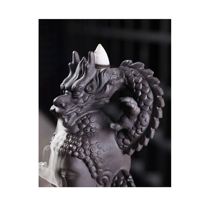 Buddha Stones Buddha Drago Nuvole di buon auspicio Argilla viola Bruciatore di incenso curativo Decorazione