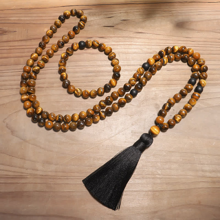 Braccialetto di protezione con nappa in occhio di tigre Buddha Stones, 108 perline Mala