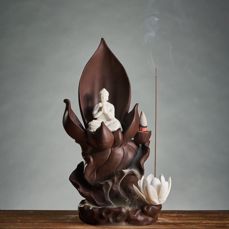 Buddha Stones Buddha di loto Avalokitesvara Illuminazione Bruciatore di incenso in argilla viola Decorazione