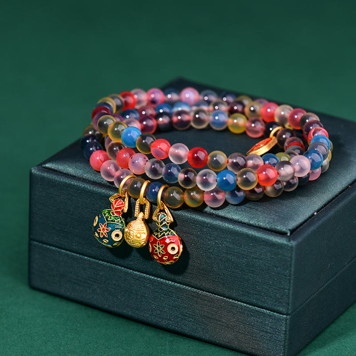 Buddha Stones Caramella Colorata Agata Oro Deglutizione Bestia Famiglia Forza Ciondolo Bracciale Triplo Avvolgimento