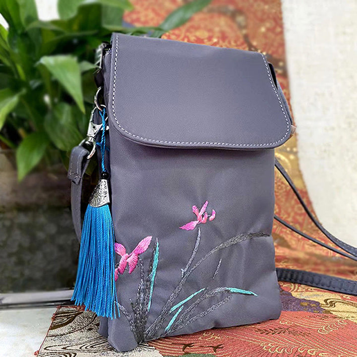 Borsa a tracolla con fiori di loto ricamati a mano, impermeabile , Buddha Stones , borsa per cellulare