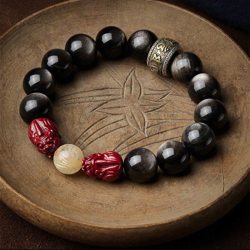 Braccialetto di protezione Om Mani Padme Hum in ossidiana lucida dorata Buddha Stones PiXiu Cinnabar