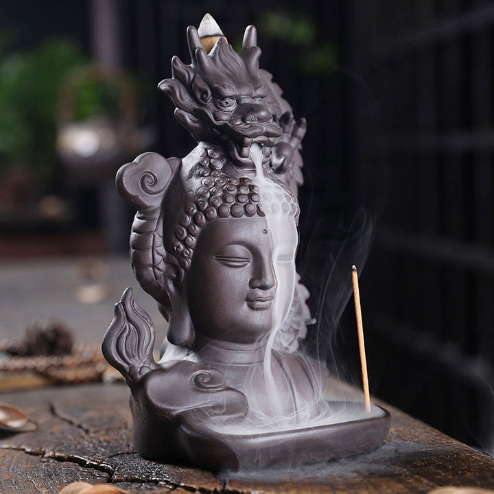 Buddha Stones Buddha Drago Nuvole di buon auspicio Argilla viola Bruciatore di incenso curativo Decorazione