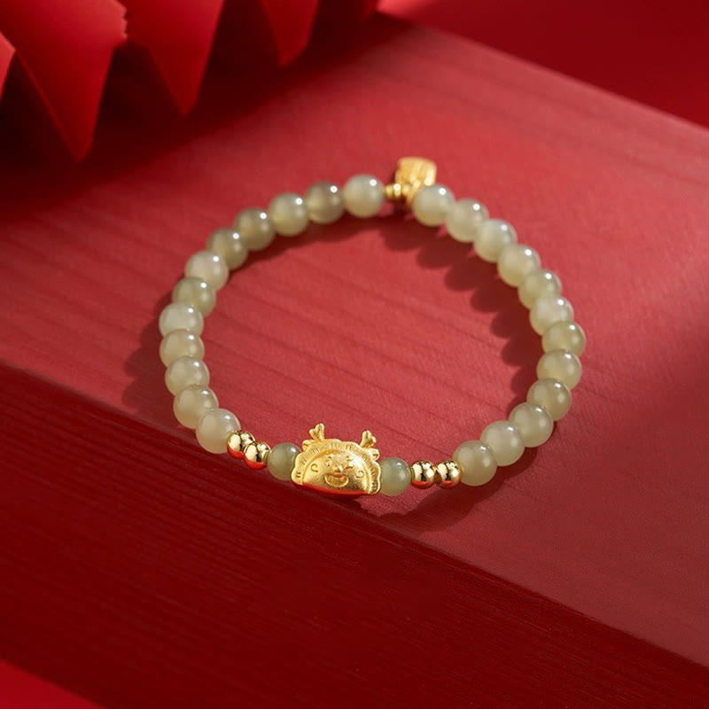 Buddha Stones Anno del Drago Gnocco Agata Rossa Naturale Granato Giada Hetian Fu Carattere Braccialetto Fortuna Successo