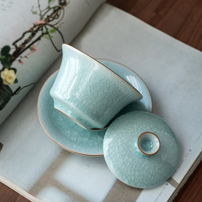 Buddha Stones Retro Green Ice Glaze Ceramic Gaiwan Sancai Tazza da tè Kung Fu Tazza da tè e piattino con coperchio