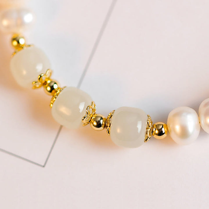 Braccialetto a catena con perle di sincerità in giada bianca e giada ciano di Hetian, placcato in oro 14K