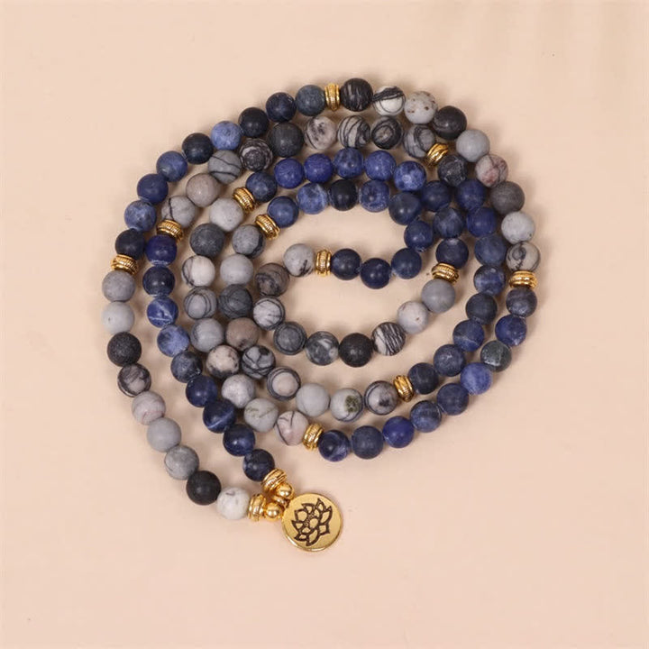 Buddha Stones 108 Mala Beads Sodalite Zebra Jasper Cristallo Lotus Strength Bracciale