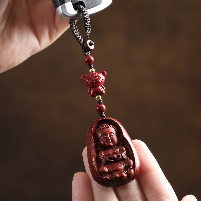 Buddha Stones Piccola foglia Sandalo rosso Buddha Cinabro Zodiaco cinese Amuleto Protezione Portachiavi
