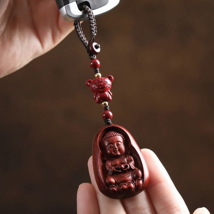 Buddha Stones Piccola foglia Sandalo rosso Buddha Cinabro Zodiaco cinese Amuleto Protezione Portachiavi