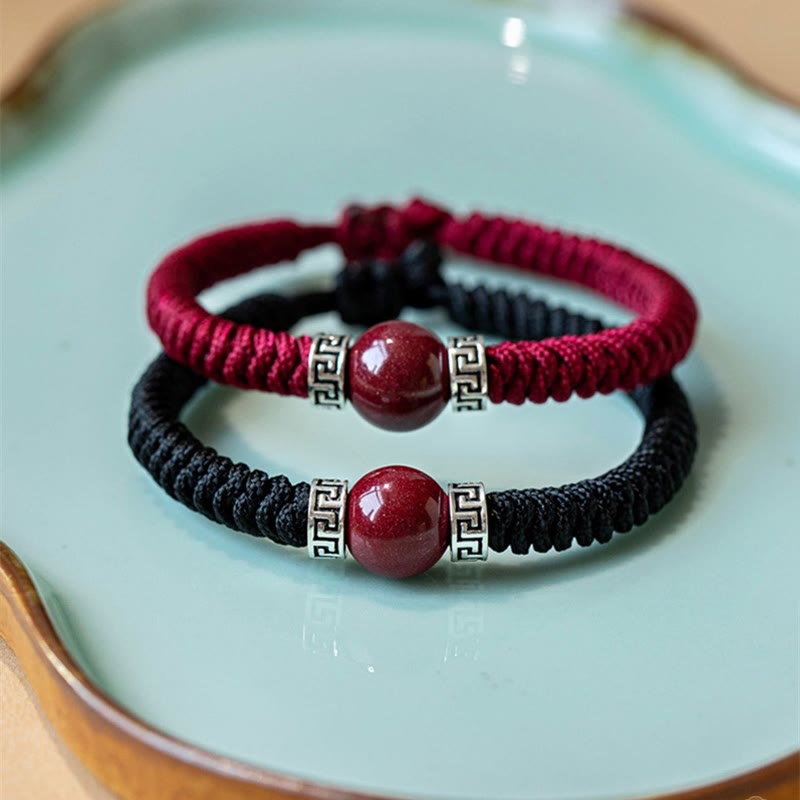 Braccialetto in corda intrecciata fatto a mano con perline di cinabro naturale in argento sterling 925 Buddha Stones