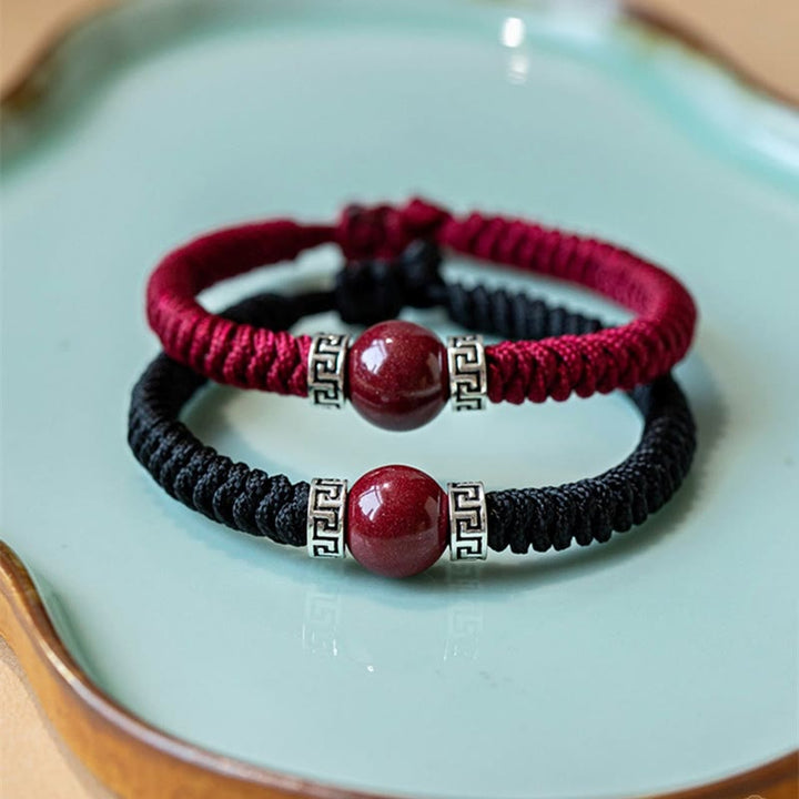 Braccialetto in corda intrecciata fatto a mano con perline di cinabro naturale in argento sterling 925 Buddha Stones