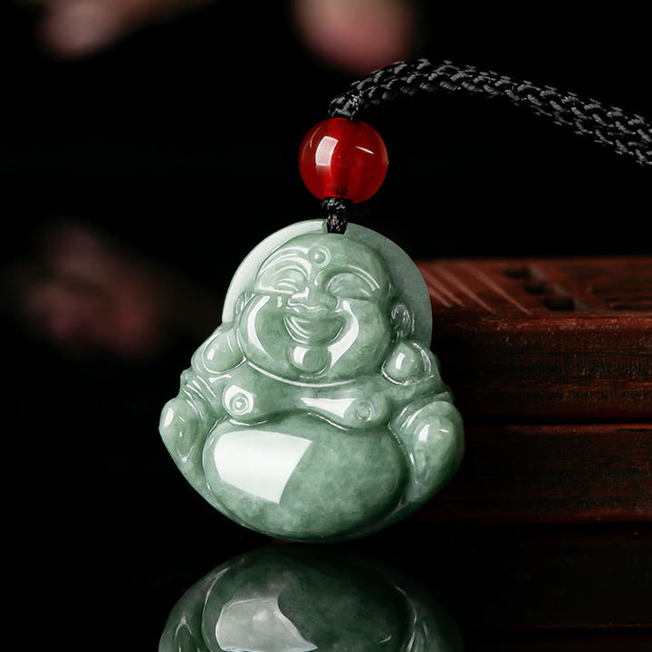 Buddha Stones Giada verde naturale Buddha che ride Collana con ciondolo di fortuna e abbondanza