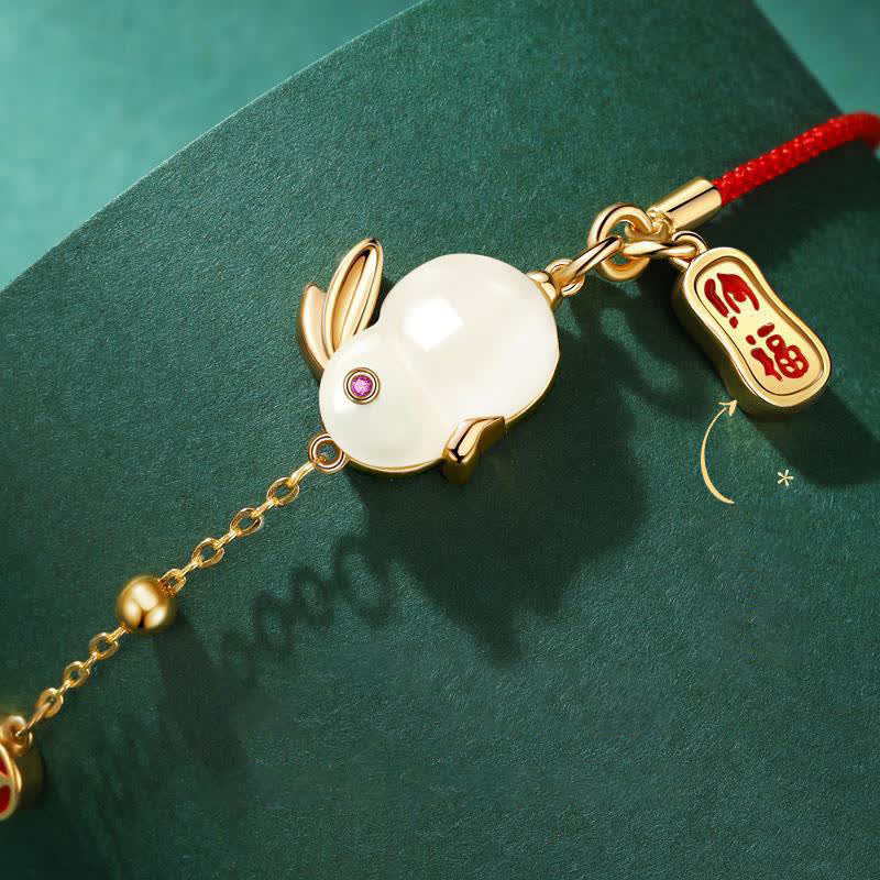 Braccialetto a catena con cordino rosso della felicità in giada bianca dell'anno del coniglio Buddha Stones