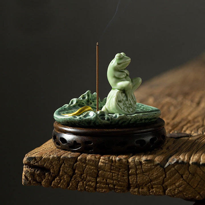 Buddha Stones Foglia Meditazione Rana Modello Guarigione Ceramica Bruciatore Incenso Decorazione