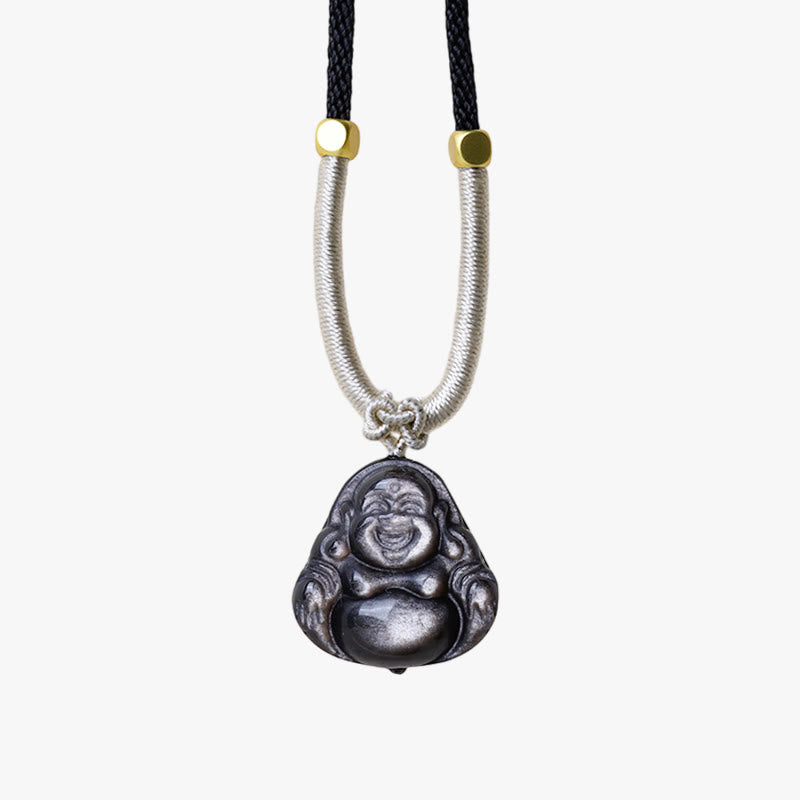 Collana con ciondolo di protezione Buddha che ride in ossidiana naturale con Buddha Stones in argento - image 11