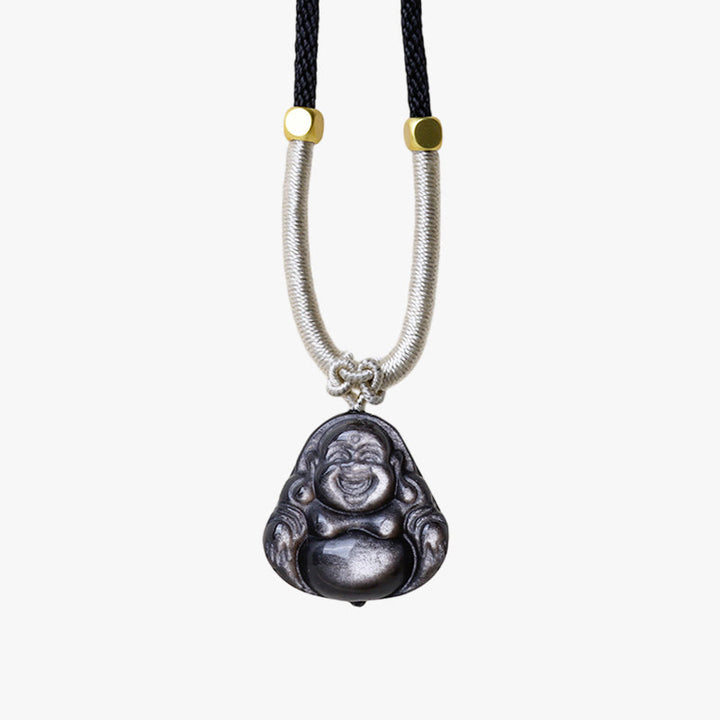 Collana con ciondolo di protezione Buddha che ride in ossidiana naturale con Buddha Stones in argento - image 11