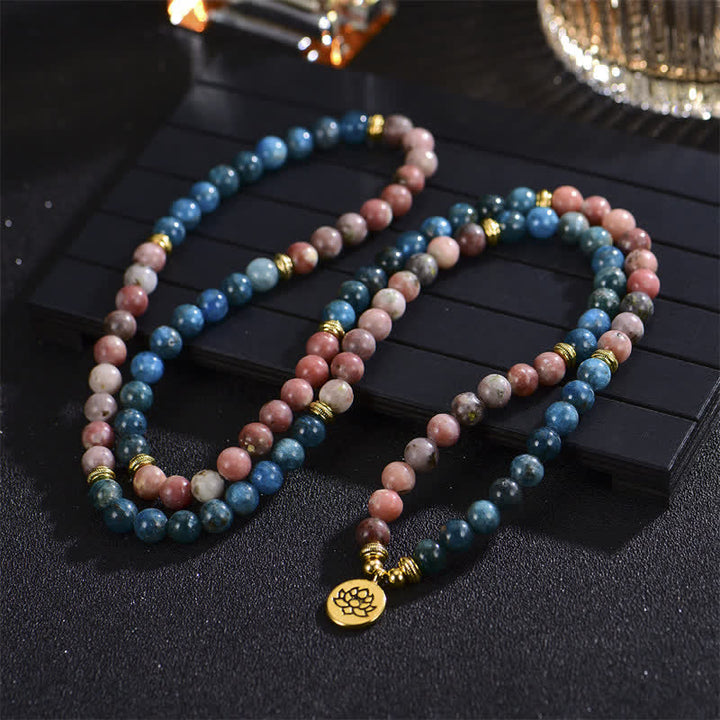 Buddha Stones Lazurite Picasso Jasper Amazzonite Rodonite Apatite Braccialetto di perline di preghiera di loto positivo