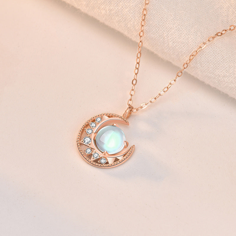 Buddha Stones 925 Sterling Silver Moonstone Moon Pattern Collana con ciondolo d'amore