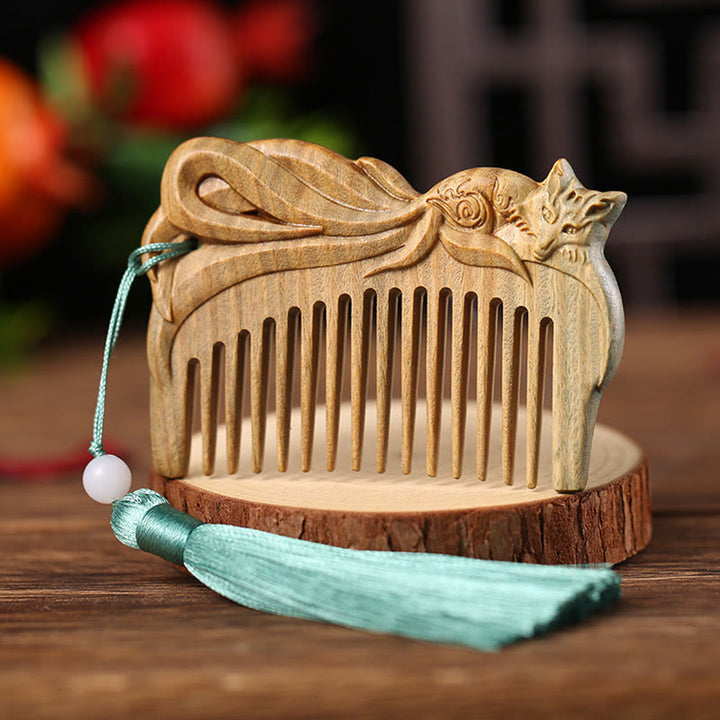 Pettine con nappa di cura inciso a forma di fiore di peonia volpe sandalo verde