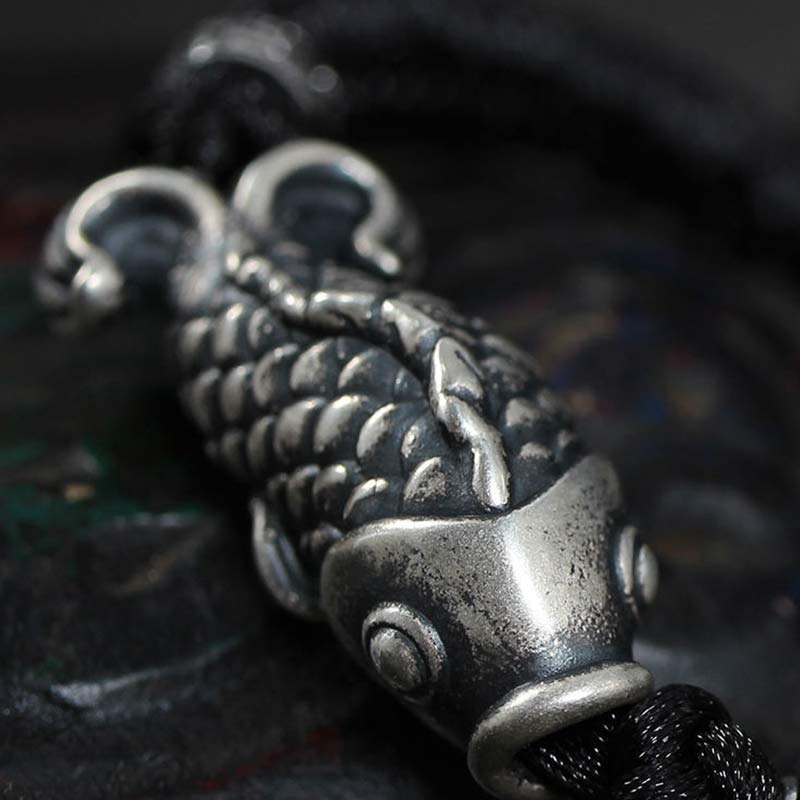 Braccialetto intrecciato con corda in argento Buddha Stones Luck Koi Fish