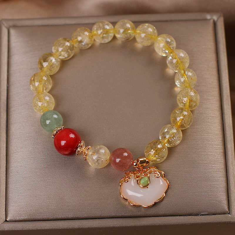 Buddha Stones Bracciale con ciondolo di protezione in giada bianca citrino naturale e quarzo fragola - image 1