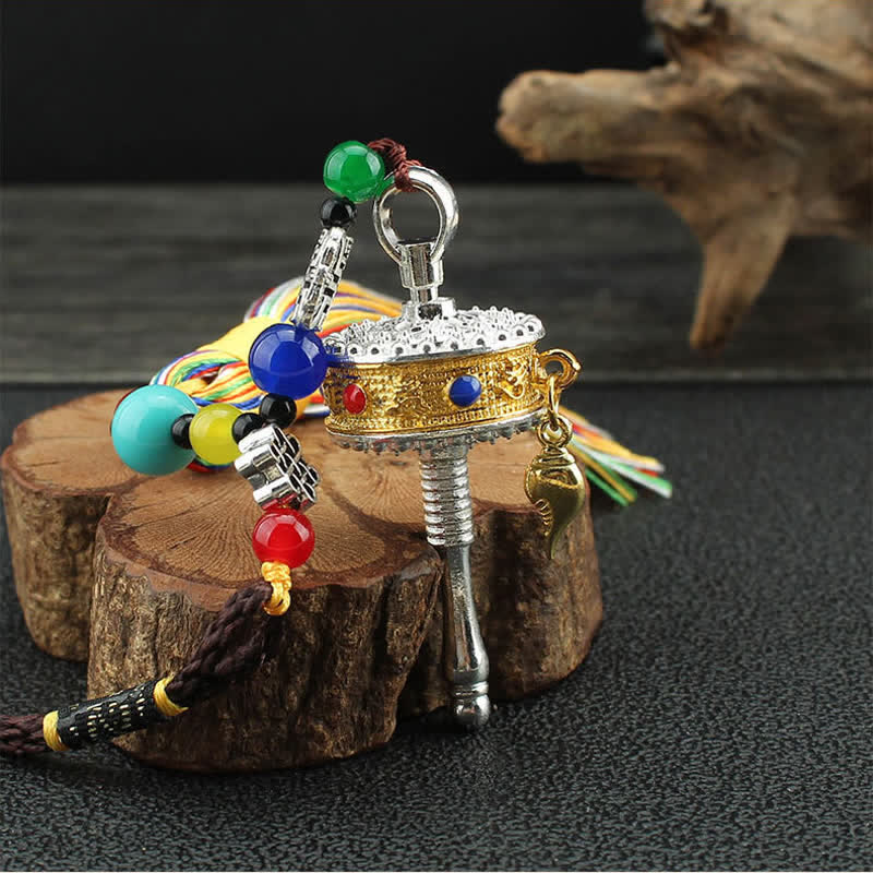 Tibet Om Mani Padme Hum Ruota di preghiera Borsa con nappa Decorazione da appendere all'auto