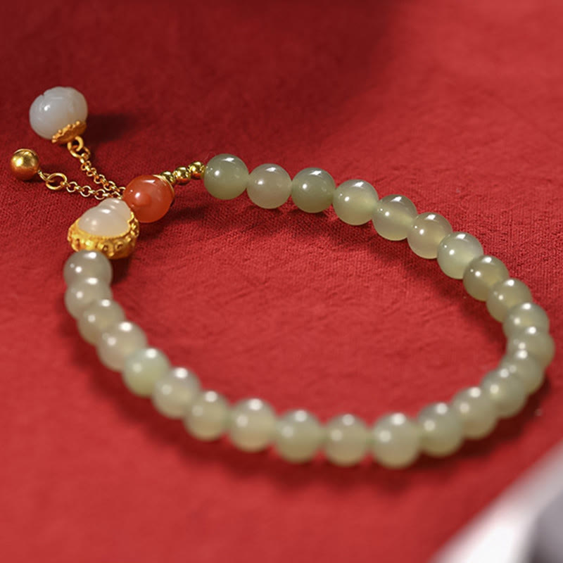 Braccialetto portafortuna in argento sterling 925 con giada Hetian e zucca di loto