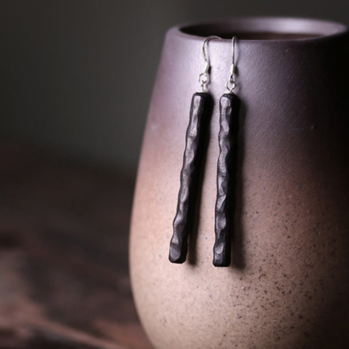 Orecchini pendenti Buddha Stones 925 Sterling Silver Ebony Wood Texture Balance Peace Drop