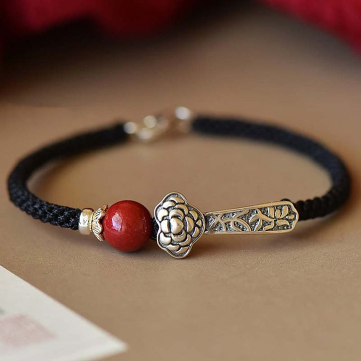 Braccialetto di corda di benedizione in argento sterling 925 con Buddha Stones cinabro