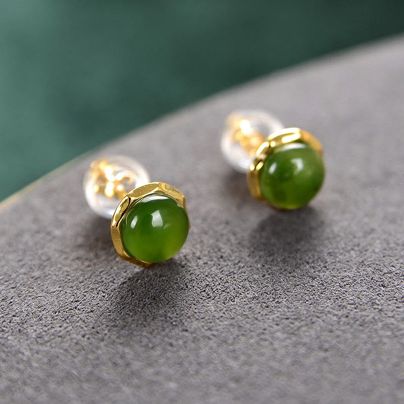 Orecchini a bottone con perline di giada ciano naturale Hetian in argento sterling 925 placcato oro Buddha Stones