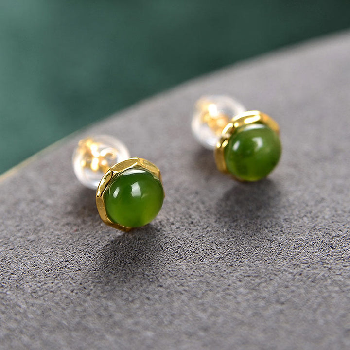 Orecchini a bottone con perline di giada ciano naturale Hetian in argento sterling 925 placcato oro Buddha Stones
