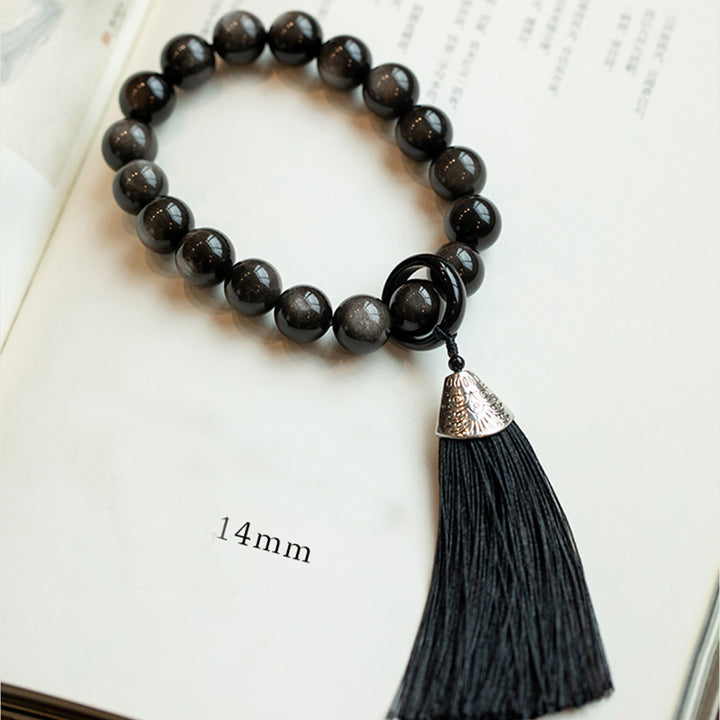 Buddha Stones Argento naturale Ossidiana lucida Ossidiana nera Leone Mala da polso Protezione Nappe Mala tascabile Decorazione per auto