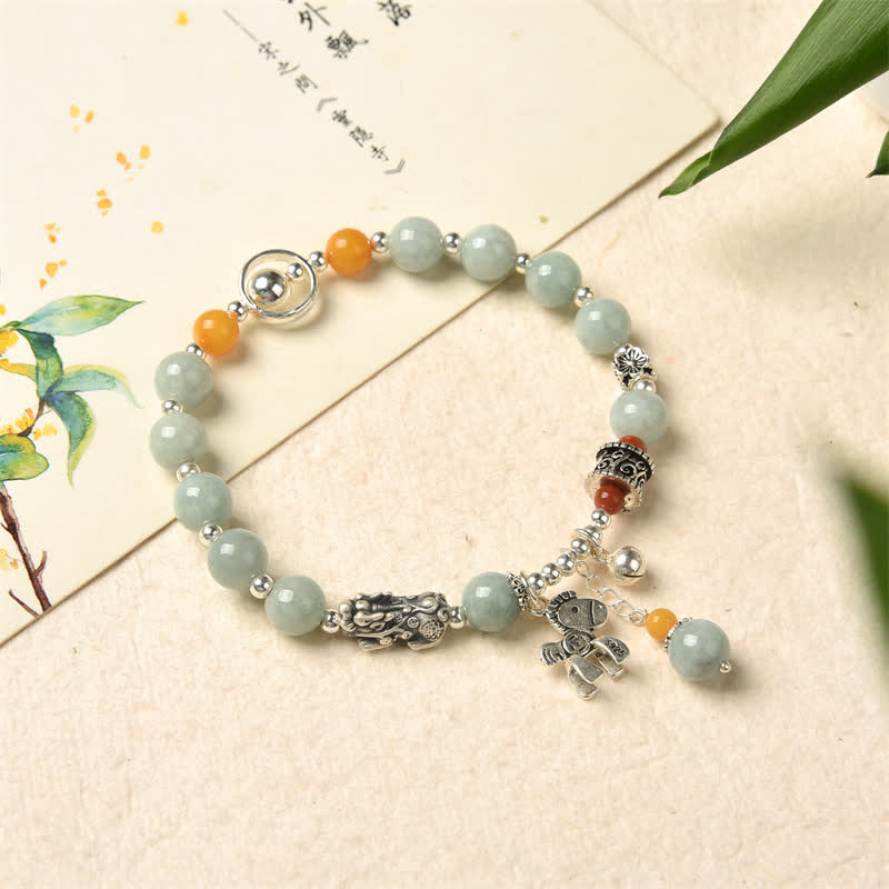 Braccialetto Buddha Stones 925 Sterling Silver Natural Jade Ambra PiXiu Pony Success