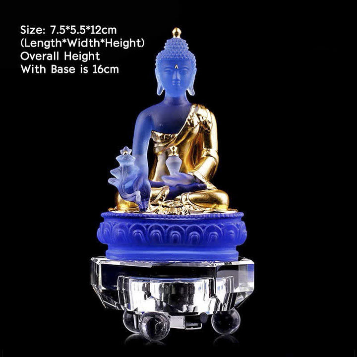 Buddha Stones Buddha della medicina Fatto a mano Liuli Cristallo Pezzo d'arte Statua della compassione Casa Ufficio Offerta Decorazione - 7,5*5,5*12 cm - Buddha della medicina d'oro e base luminosa - image 10