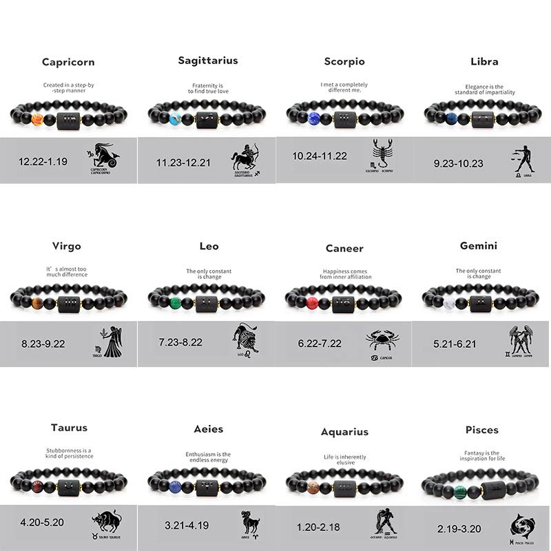 Buddha Stones 12 Costellazioni dello Zodiaco Bracciale Regolabile in Onice Nero