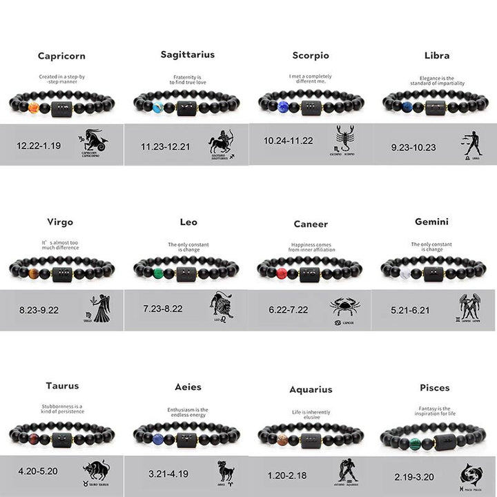 Buddha Stones 12 Costellazioni dello Zodiaco Bracciale Regolabile in Onice Nero