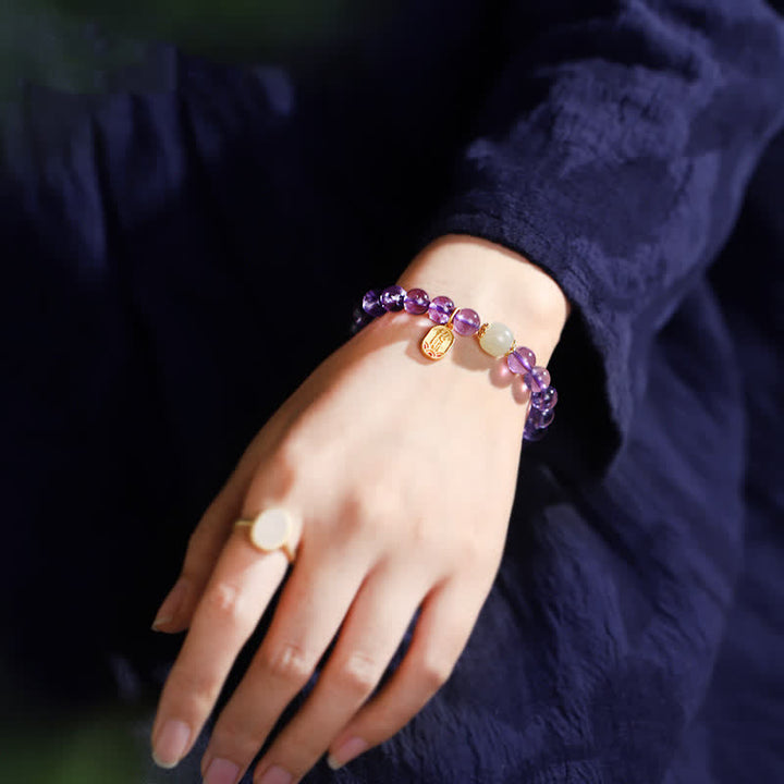 Braccialetto con ciondolo curativo in giada Hetian con cristallo di ametista naturale Buddha Stones