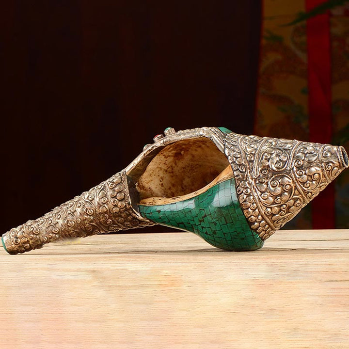 Decorazione positiva della ricchezza della conchiglia del Buddha Shankha Double Dorje incisa a mano tibetana