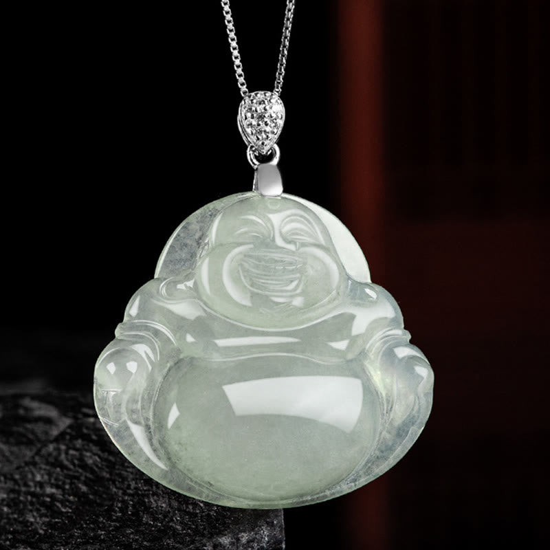 Collana con ciondolo a Buddha Stones in argento sterling 925, giada naturale, Buddha che ride, prosperità e abbondanza