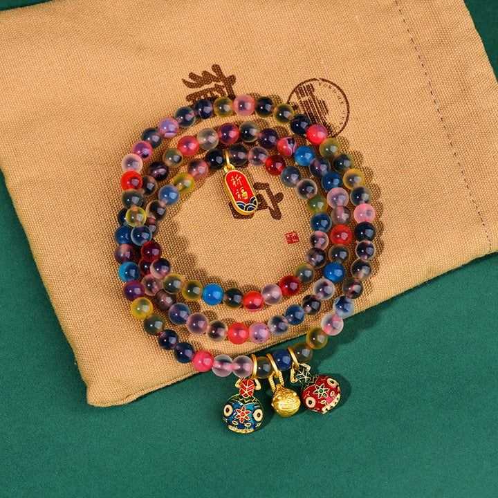 Buddha Stones Caramella Colorata Agata Oro Deglutizione Bestia Famiglia Forza Ciondolo Bracciale Triplo Avvolgimento