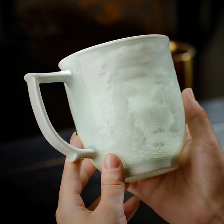Buddha Stones Jingdezhen porcellana bianca fatta a mano Grande Muraglia Paesaggio Tazza da tè in ceramica incisa Tazza da ufficio Tazze da tè