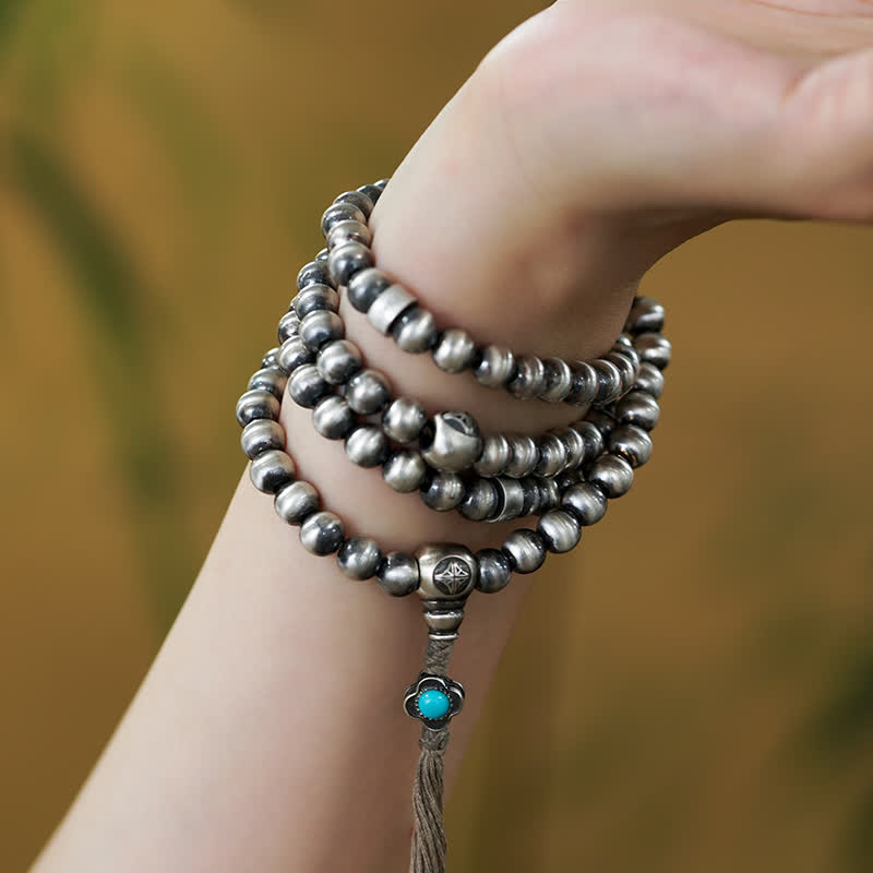 Buddha Stones 108 Mala Beads 925 Sterling Silver Agata Rossa Turchese Braccialetto con Ciondolo di Fiducia