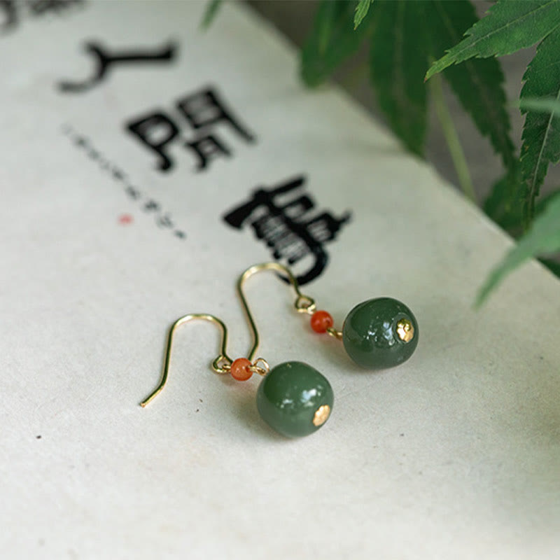 Orecchini pendenti con ciondolo a forma di goccia Buddha Stones in argento sterling 925 placcato oro 14K, giada di Hetian, agata rossa e portafortuna