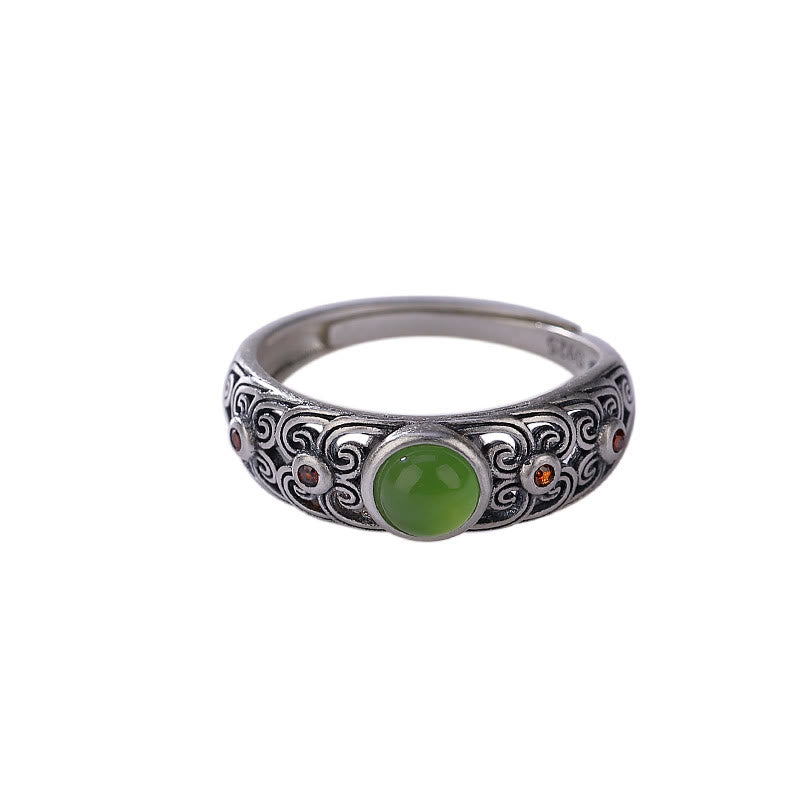 Anello regolabile in argento sterling 925 Buddha Stones e giada ciano Hetian Harmony