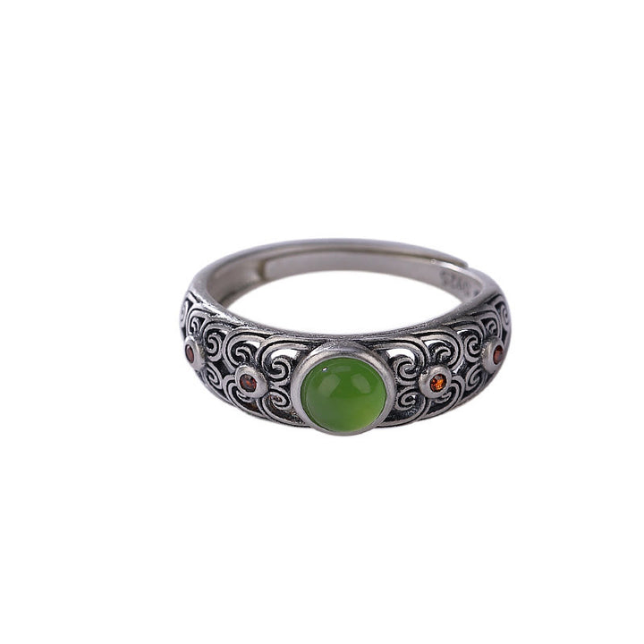 Anello regolabile in argento sterling 925 Buddha Stones e giada ciano Hetian Harmony